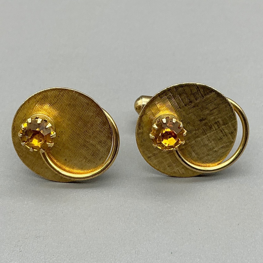 Cufflinks Men Gold Tone Textured Oval Amber Glass Stone Mid Century Modern Style